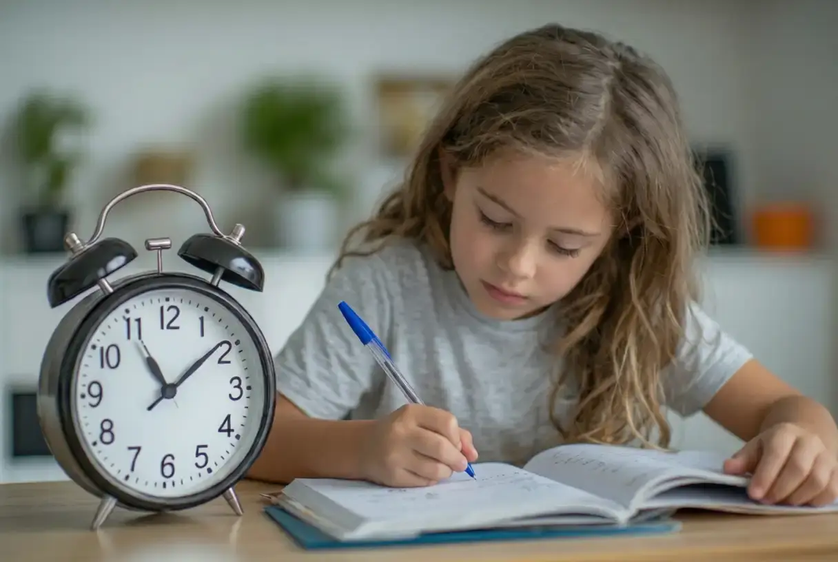 Child doing homework with a focus timer - kids build healthy study habits through timed sessions and positive reinforcement